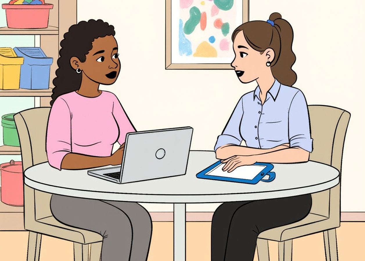 Illustration: a supervisor and a team member meet at a table with a laptop and tablet