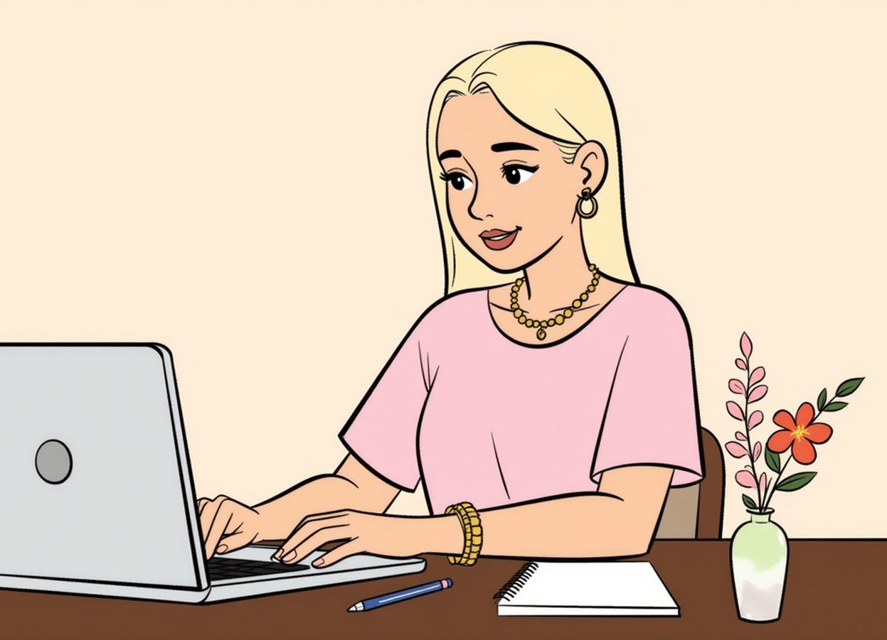 Illustration: a young woman practices RBT exam questions on her laptop with a notebook beside her