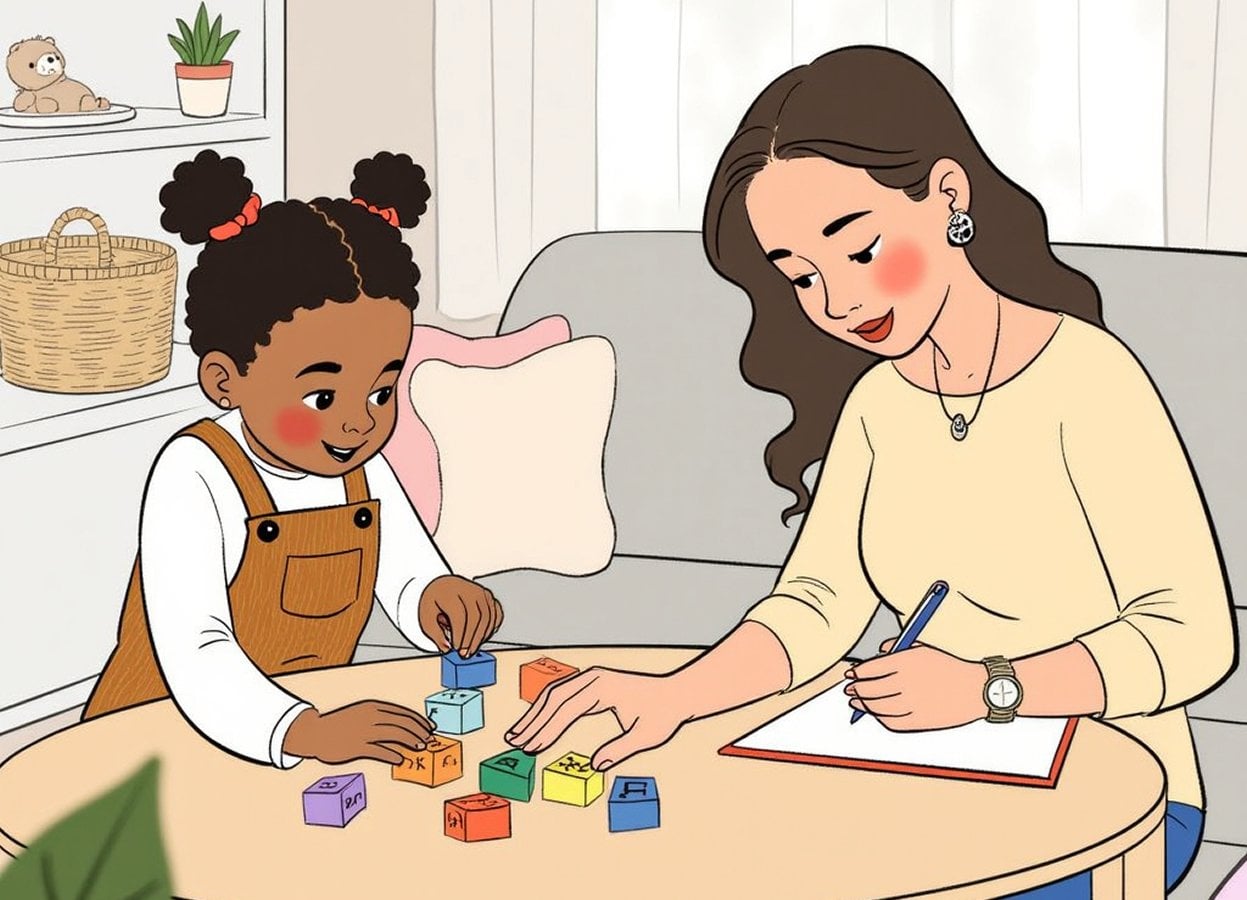 Illustration: a behavior technician practices with a child using building blocks while taking session notes
