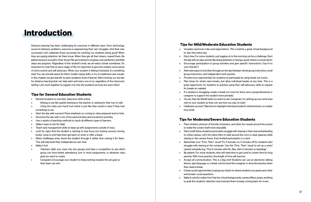 Page showing general education tips for students, for mild/moderate education students, and for moderate/severe education students. From the mini book Distance Learning from ABA Visualized. A visual training guide for collaborators. Online teaching    