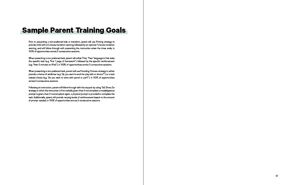 Sample parent training goals in the Book in the Book TeleHelp with ABA Visualized - A Visual Telehealth Guidebook for BCBAs